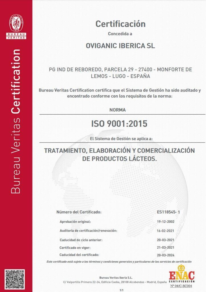 Certificado ISO 9001.2015 Oviganic